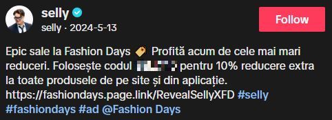 cod reducere fashion days tiktok selly