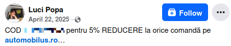 cod reducere automobilus facebook luci popa